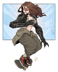 1girl bandeau bigmsaxon breasts brown_bandeau brown_hair brown_pants cyberpunk cyborg eyeshadow glory_(shadowrun_dragonfall) hair_between_eyes highres long_hair long_hair_between_eyes makeup mechanical_arms medium_breasts oversized_limbs pants red_eyes red_eyeshadow shadowrun shadowrun:_dragonfall shoes skateboard skateboarding sneakers solo