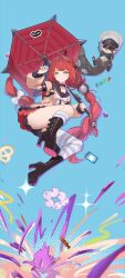 Rule 34 | 1girl, absurdres, ahoge, black choker, black panties, black sailor collar, black skirt, blunt bangs, blush, boots, bow, bowtie, braid, brown cardigan, cardigan, chest bow, choker, from below, green eyes, hair ribbon, high heel boots, high heels, highres, jumping, long hair, long sleeves, loose thighhigh, open mouth, panties, raccoon, red hair, red umbrella, ribbon, sailor collar, skirt, solo, sphere hair ornament, striped clothes, striped thighhighs, thighhighs, twintails, ukinami yuzuha, umbrella, underwear, upskirt, user hxvy5233, very long hair, white bow, white bowtie, zenless zone zero
