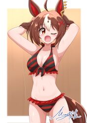 1girl ahoge animal_ears armpits bikini blush breasts brown_eyes brown_hair cleavage collarbone commentary_request gran_alegria_(umamusume) hair_between_eyes hair_ornament highres horse_ears horse_girl horse_tail looking_at_viewer matty_(matsutomo) medium_breasts medium_hair one_eye_closed open_mouth signature simple_background solo swimsuit tail umamusume x_hair_ornament
