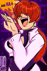 1girl breasts cleavage_cutout clothing_cutout curvy dress female_focus huge_breasts jacket jam1220 large_breasts long_hair long_sleeves open_mouth pale_skin ponytail red_hair shermie_(kof) smile smiley_face the_king_of_fighters wide_hips