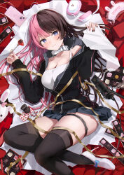 1girl absurdres belt belt_collar black_hoodie black_thighhighs blue_bow blush bow box box_of_chocolates breasts brown_hair brown_nails cellphone chocolate choker cleavage closed_mouth collar collarbone cookie ear_piercing fingernails food footwear_bow fork fruit grey_skirt headphones highres holding holding_fork hood hoodie large_breasts long_hair long_sleeves looking_at_viewer lying mask microphone muchi2p multicolored_hair multicolored_nails nail_polish phone piercing pink_hair pink_nails purple_eyes shoes skirt sleep_mask sleeves_past_wrists smartphone smile solo strawberry stuffed_animal stuffed_rabbit stuffed_toy tachibana_hinano tank_top thighhighs thighs two-tone_hair unworn_mask virtual_youtuber vspo! white_belt white_choker white_collar white_shoes white_tank_top