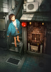 1girl absurdres animal bag bag_charm black_shorts black_socks blue_jacket box brown_eyes brown_hair cable charm_(object) closed_mouth commentary_request condenser_unit donation_box fence frog grate hair_ornament hairclip handbag highres hokora_(shrine) hood hooded_jacket jacket lantern long_sleeves medium_hair on_stairs open_clothes open_jacket original outdoors paper_lantern parted_bangs plant ponytail potted_plant rabbit_charm railing shoes short_shorts shorts shoulder_bag sleeves_past_wrists sneakers socks solo stairs storm_drain sweater translation_request vignetting white_shoes white_sweater yellow_bag yoshida_seiji