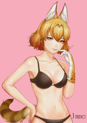 Rule 34 | 10s, 1girl, animal ears, black bra, black panties, blonde hair, bra, breasts, cleavage, elbow gloves, female focus, gloves, highres, joe (j studio), kemono friends, large breasts, looking at viewer, navel, open mouth, orange gloves, panties, parted lips, serval (kemono friends), short hair, skirt, smile, solo, underwear, yellow eyes