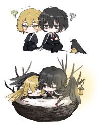2boys bird bird_wings black_coat black_hair black_pants black_wings blade_lineage_(identity)_(project_moon) blonde_hair chick coat collared_shirt crow earrings formal_clothes highres jewelry limbus_company multiple_boys necktie nest pants project_moon red_necktie shirt sinclair_(project_moon) single_earring sitting sleeping suit sword tassel tassel_earrings upi_(ukn18pkanother) weapon white_shirt wings yellow_eyes yellow_wings yi_sang_(project_moon)