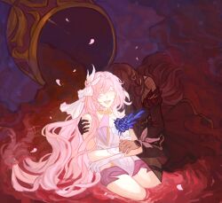 Rule 34 | 2girls, absurdres, alcohol, black dress, black shorts, blue flower, blue rose, breasts, brown hair, chalice, commentary, corset, cup, dress, eden (honkai impact), elysia (herrscher of human: ego) (honkai impact), elysia (honkai impact), english commentary, flower, flower ornament, gloves, highres, holding hands, honkai (series), honkai impact 3rd, large breasts, loeire, long hair, multiple girls, oversized object, pink hair, rose, short shorts, shorts, smile, veil, very long hair, white corset, white gloves, white veil, wine, yuri