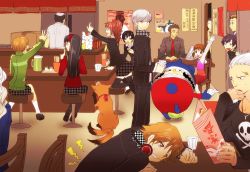 6+boys 6+girls :d adachi_tooru amagi_yukiko androgynous atlus bandaid bandaid_on_face bandaid_on_nose bare_legs black_hair blue_hair blush_stickers breasts brown_hair cardigan chair crossdressing cup doujima_nanako doujima_ryoutarou earrings everyone face_piercing formal_clothes green_shirt grey_hair hanamura_yousuke headphones highres ichijou_kou indoors jacket jacket_on_shoulders jewelry jolly_roger kitsune_(persona_4) kneehighs kujikawa_rise kuma_(persona_4) kuronomine legs long_sleeves long_twintails margaret margaret_(persona) medium_breasts megami_tensei menu multiple_boys multiple_girls nagase_daisuke narukami_yu necktie nose_piercing open_mouth pantyhose persona persona_4 piercing purple_hair reverse_trap satonaka_chie saving scar school_uniform serafuku shin_megami_tensei shirogane_naoto shirt short_twintails sick sideboob sitting skirt small_breasts smile socks standing stool straight_hair suit sweatdrop sweater tail tail_wagging tatsumi_kanji thighhighs tomboy track_jacket twintails unmoving_pattern waving white_hair