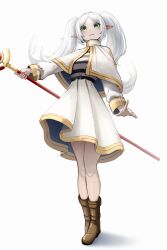 Rule 34 | 1girl, :3, absurdres, boots, brown boots, capelet, closed mouth, elf, frieren, full body, green eyes, highres, holding, holding staff, kkachi (kkachi illu), mage staff, pointy ears, shirt, skirt, sousou no frieren, staff, standing, striped clothes, striped shirt, white background, white capelet, white hair, white skirt