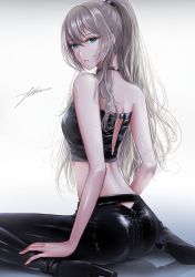 1girl alternate_costume an-94_(girls&#039;_frontline) aqua_eyes artist_name back bare_shoulders black_boots black_pants black_tank_top boots breasts choker closed_mouth filha girls&#039;_frontline hands_on_legs high_heels highres latex_pants latex_top lips long_hair looking_at_viewer looking_back on_floor pants platinum_blonde_hair ponytail simple_background sitting small_breasts solo spread_legs tank_top