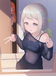 2girls absurdres black_shorts black_sports_bra blue_eyes blue_ribbon blush braid breasts caught cellphone collarbone fingernails flying_sweatdrops gakuen_idolmaster grey_hair hair_ribbon half_up_braid highres holding holding_phone idolmaster jewelry katsuragi_lilja looking_at_viewer medium_breasts mirror multiple_girls nail_polish necklace orange_hair phone reflection reflection_focus ribbon ribbon_braid see-through_clothes see-through_shirt shirt shishi_sakana shiun_sumika short_hair shorts single_bare_shoulder smile sports_bra v