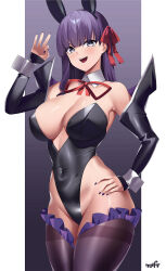 1girl absurdres bare_shoulders bb_(fate) bb_(fate/extra) black_leotard blush breasts brown_thighhighs cleavage covered_navel detached_collar detached_sleeves fate/extra fate/extra_ccc fate/grand_order fate_(series) hair_ribbon highleg highleg_leotard highres kurozawa_yui large_breasts leotard long_hair looking_at_viewer nail_polish open_mouth popped_collar purple_eyes purple_hair red_ribbon ribbon smile solo thighhighs very_long_hair wrist_cuffs