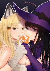 10s 2girls animal_ears asymmetrical_docking black_hair blonde_hair breast_press breasts brown_eyes candy colored_eyelashes costume elbow_gloves english_text food food-themed_hair_ornament fur_collar gloves hair_ornament halloween hat hidaka_koharu high_score_girl large_breasts lollipop long_hair looking_at_viewer medium_breasts multiple_girls oono_akira open_mouth outline pumpkin_hair_ornament purple_gloves senoka shared_food signature tongue tongue_out white_outline witch witch_hat wolf_ears