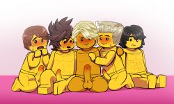 5boys black_hair blonde_hair blush brown_hair cole_(ninjago) erection jay_(ninjago) kai_(ninjago) lego lloyd_garmadon male_focus multiple_boys ninjago nude penis shimotsuki_kitsune smile the_lego_group yaoi zane_(ninjago)