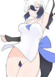 1girl absurdres armpits back_bow black_gloves black_pubic_hair blue_bow blue_bowtie blue_eyes blue_hair bow bowtie breasts closed_mouth commentary cowboy_shot dress elbow_gloves empty_eyes female_pubic_hair fingerless_gloves gloves gradient_hair grey_hair highres illu_(illu_stratos) kemono_friends long_hair looking_at_viewer medium_breasts multicolored_hair no_panties pubic_hair short_dress simple_background smile solo sundress symbol-only_commentary tail tarpan_(kemono_friends) two-tone_gloves white_background white_dress white_gloves white_hair