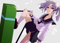 1girl black_ribbon black_skirt closed_mouth collarbone dai_(series) daiakuji grey_hair hair_ribbon highres long_hair looking_at_viewer panties ribbon school_uniform serafuku short_hair short_twintails skirt solo takega_satsu toku_sonchou twintails underwear