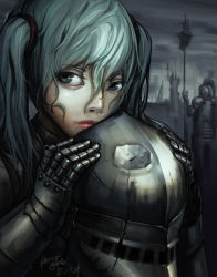 1girl aqua_eyes aqua_hair armor artist_name dated full_armor hair_between_eyes hatsune_miku helmet holding holding_helmet lips long_hair looking_back pink_lips solo_focus twintails vocaloid yeong_r6
