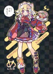 1girl apron asymmetrical_legwear black_apron black_bow blonde_hair blue_eyes bow bowl checkered_background commentary_request food food-themed_hair_ornament full_body grin hair_ornament heart heart-shaped_pupils highres jacket jersey_maid kyouda_suzuka leg_ribbon long_hair long_sleeves looking_at_viewer maid maid_headdress noodles original platform_shoes ramen red_bow red_jacket red_shoes red_skirt ribbon shoes single_leg_warmer skirt sleeves_past_fingers sleeves_past_wrists smile solo standing symbol-shaped_pupils translation_request tray twintails twitter_username unconventional_maid