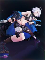 1girl absurdres bandaged_leg bandages black_jacket breasts cleavage elite_ninja_natsume guardian_tales hair_between_eyes highres holding holding_knife holding_weapon jacket knife kunai navel ninja open_clothes open_jacket reverse_grip short_hair solo stomach thighhighs torn_clothes torn_thighhighs weapon white_hair