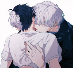 2boys back bite_mark black_hair closed_eyes commentary fingernails hug lemonmelon00 male_focus multicolored_hair multiple_boys sakura_haruka_(wind_breaker) scarf shirt short_hair split-color_hair tongue tongue_out two-tone_hair umemiya_hajime white_background white_hair white_shirt wind_breaker_(nii_satoru) yaoi