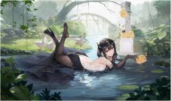 1girl animal azur_lane backless_dress backless_outfit bare_back bare_shoulders bird black_dress black_footwear black_gloves black_hair blush breasts chen_hai_(azur_lane) chen_hai_(cerulean_ripples)_(azur_lane) dress elbow_gloves evening_gown full_body gloves goose gujianshaonu hair_between_eyes hair_ornament head_rest high_heels highres jewelry legs_up long_hair looking_at_viewer lying manjuu_(azur_lane) medium_breasts non-web_source official_alternate_costume official_art on_stomach on_water pantyhose parted_lips partially_submerged purple_eyes revision smile soles transparent_background water