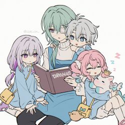 2boys 2girls absurdres aged_down alternate_costume anaxa_(honkai:_star_rail) animal_ears antenna_hair apron artist_name babysitter bag black_pants bloomers blue_apron blue_bow blue_dress blue_eyes blue_hair blue_shirt blush book bow butterfly_ornament castorice_(honkai:_star_rail) child closed_eyes clunch collared_dress collared_shirt colored_inner_hair crown dress eyepatch gradient_hair green_hair grey_hair hair_bow hair_ornament hands_up highres holding holding_book honkai:_star_rail honkai_(series) horse_ears horse_tail hug hyacine_(honkai:_star_rail) little_ica_(honkai:_star_rail) long_hair long_sleeves looking_at_another looking_at_object low-tied_long_hair low_ponytail low_twintails matching_outfits multicolored_hair multiple_boys multiple_girls open_book open_mouth pants pegasus pegasus_wings phainon_(honkai:_star_rail) pink_hair pink_shoes pom_pom_(clothes) pom_pom_hair_ornament ponytail puffy_long_sleeves puffy_sleeves purple_eyes purple_hair purple_shoes reading red_pupils seiza shirt shoes short_hair sidelocks simple_background sitting sleeping smile socks stuffed_animal stuffed_bird stuffed_toy sweater tail turtleneck turtleneck_sweater twintails underwear white_background white_bloomers white_bow white_socks white_sweater wings yellow_bag yellow_pupils zzz