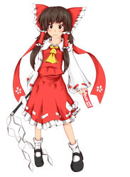 1girl ascot black_shoes bow closed_mouth collared_shirt detached_sleeves frilled_bow frilled_hair_tubes frills full_body gohei hair_bow hair_tubes hakurei_reimu holding holding_gohei kuroneko_(kuroi-neko) looking_at_viewer mary_janes red_bow red_shirt red_skirt shirt shoes simple_background skirt sleeveless sleeveless_shirt socks solo touhou white_background white_socks yellow_ascot