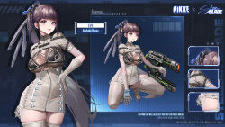 1girl black_hair blunt_bangs breasts brown_eyes eve_(stellar_blade) full_body gloves goddess_of_victory:_nikke gun highres keyhole_suit_(stellar_blade) large_breasts long_hair multiple_views official_alternate_costume official_art open_mouth panties ponytail squatting stellar_blade thick_thighs thighs underwear very_long_hair weapon