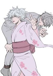 2boys absurdres black_hair black_jacket black_pants bound bound_ankles bound_wrists bruise bruise_on_face carrying carrying_person collared_jacket commentary_request crossdressing floral_print ghqjyu gintama grey_hair highres hijikata_toushirou injury jacket japanese_clothes kimono lipstick long_sleeves looking_to_the_side makeup male_focus multiple_boys outstretched_arm pants sakata_gintoki sideways_glance simple_background v white_background wide_sleeves wing_collar