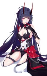 1girl absurdres armor black_collar black_gloves black_skirt blunt_bangs blush breasts chinese_commentary cleavage clothing_cutout collar commentary_request dress drop_shadow feng_yi_xiao finger_to_mouth gloves hair_intakes high-low_skirt highres honkai_(series) honkai_impact_3rd horns large_breasts long_hair long_horns looking_at_viewer navel pauldrons purple_eyes purple_hair raiden_mei raiden_mei_(herrscher_of_thunder) red_horns red_pupils shoulder_armor simple_background single_bare_shoulder single_pauldron sitting skirt smile solo stomach_cutout thighhighs thighs underboob underboob_cutout very_long_hair wariza white_background white_dress white_thighhighs