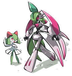 absurdres armor colored_skin flying_sweatdrops gen_3_pokemon green_hair green_skin hair_over_one_eye highres horns iron_valiant kirlia multicolored_skin nintendo open_mouth pink_eyes pokemon pokemon_(creature) robot sidelocks simple_background sweat tirarizun two-tone_skin waist_cape white_armor white_background white_skin