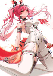 1girl armlet bare_shoulders black_bow blush bodysuit boots bow breasts chromatic_aberration collar commentary earrings fingernails hair_bow hair_ornament hairband headgear high_heel_boots high_heels highres holding holding_polearm holding_weapon jewelry kneeling long_hair looking_at_viewer lupa_(wuthering_waves) medium_breasts metal_collar metal_hairband parted_lips pink_hair polearm red_pupils smile solo tail thigh_boots twintails uriuritei weapon white_bodysuit white_boots wolf_tail wrist_guards wuthering_waves yellow_eyes