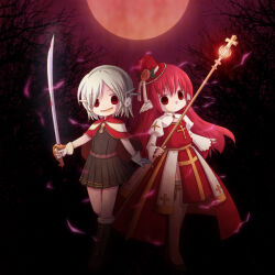 2girls :d arch_bishop_(ragnarok_online) aura black_shoes blood blood_drip bloody_weapon boots brown_boots brown_dress cape cleavage_cutout closed_mouth clothing_cutout commentary_request creator_(ragnarok_online) crosier cross dress empty_eyes expressionless feathered_wings flat_chest full_body fur-trimmed_boots fur_trim gloves grey_hair hat head_wings holding holding_staff holding_sword holding_weapon juliet_sleeves long_hair long_sleeves looking_at_viewer moon multiple_girls open_mouth orange_moon puffy_sleeves purple_sky rabbit_earmuffs ragnarok_online red_cape red_eyes red_hair red_hat ren_(totoki) sash shoes short_hair sky smile staff standing sword thighhighs top_hat two-tone_dress weapon white_dress white_gloves white_thighhighs white_wings wings yellow_sash