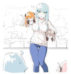 404_(girls&#039;_frontline) 5girls ahoge alternate_costume blush_stickers brown_hair carrying carrying_over_shoulder carrying_under_arm denim closed_eyes g11_(girls&#039;_frontline) girls&#039;_frontline green_eyes hair_ornament highres hk416_(girls&#039;_frontline) jeans light_brown_hair m4_sopmod_ii_(girls&#039;_frontline) multiple_girls pants pink_hair shaking shinoe_nun side_ponytail sidelocks silver_hair sleeping sweatdrop sweater twintails ump45_(girls&#039;_frontline) ump9_(girls&#039;_frontline) aged_down