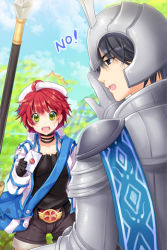 1boy 1girl ahoge armor bag banner belt belt_buckle black_eyes black_hair buckle gloves green_eyes hat helmet holding jacket lowres mail messenger_bag messenger_knight no open_mouth outstretched_hand pauldrons polearm ratise red_hair short_hair shorts shoulder_armor shoulder_bag spear sword_girls weapon