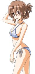 1girl arm_up ass bare_shoulders bikini blush breasts brown_hair cleavage collarbone folded_ponytail hata_kenjirou hayate_no_gotoku! highres large_breasts looking_at_viewer maria_(hayate_no_gotoku!) open_mouth red_eyes sideboob simple_background smile solo stomach swimsuit thighs white_background