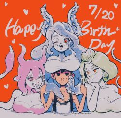 Rule 34 | 1boy, 3girls, absurdres, aroused nosebleed, black eyes, black hair, black tank top, blue hair, blue skin, blush, breast rest, breasts, breasts on head, cake, cleavage, closed mouth, colored skin, dated, earrings, food, fork, green hair, green skin, grin, happy birthday, heart, highres, holding, holding fork, ippaiotabe mkw, jewelry, large breasts, long hair, looking at another, marina (omori), medusa (omori), molly (omori), monster girl, multiple girls, necklace, nosebleed, omori, one eye closed, open mouth, orange background, parted lips, pink hair, pink skin, plate, red eyes, sharp teeth, short hair, simple background, slime girl, smile, tank top, teeth, tentacle hair, tentacles, twitter username