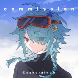 1girl black_sweater blue_hair braid glasses original red_eyes sakuraihum sweater twin_braids watermark weibo_watermark
