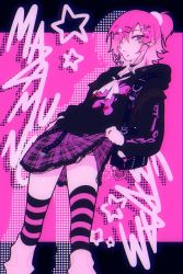 1boy artist_name bad_id bad_twitter_id bag beads belt black_hoodie black_legwear bow choker clothes_lift crossdressing crossdressing_(mtf) ear_piercing face_piercing gloomy_bear gradient_hair hair_ornament hair_over_one_eye hairclip highres hood hoodie lifting_own_clothes lip_piercing loose_socks male_focus mazamuno mongrel_(mazamuno) multicolored_hair original panties panty_peek parted_lips piercing pink_bow pink_eyes pink_hair pink_legwear pink_theme plaid_clothes plaid_skirt ponytail purple_skirt ribbon shoulder_bag skirt skirt_lift socks striped_clothes striped_legwear striped_thighhighs thighhighs trap underwear white_legwear white_ribbon x_hair_ornament yami_kawaii