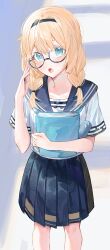 1girl absurdres adjusting_eyewear aqua_eyes aqua_neckerchief black_hairband blonde_hair blue_sailor_collar blue_skirt blush book braid cowboy_shot egasumi hair_over_shoulder hairband hallway high-waist_skirt highres holding holding_book hololive kazama_iroha kazama_iroha_(school_uniform) kaze_22 looking_at_viewer low_twin_braids medium_hair medium_skirt neckerchief official_alternate_costume official_alternate_hairstyle open_mouth pencil_case pleated_skirt round_eyewear sailor_collar school_uniform serafuku shirt short_sleeves skirt solo twin_braids virtual_youtuber white_shirt