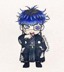 Rule 34 | 1boy, black hair, blue eyes, blue hair, bridge piercing, ear piercing, earrings, eyepatch, face piercing, full body, hair between eyes, hand up, japanese clothes, jewelry, long hair, looking at viewer, matching hair/eyes, messy hair, multicolored hair, omokage yugamu, one eye covered, piercing, standing, the hundred line -last defense academy-
