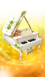 commentary fate/grand_order fate_(series) gradient_background grand_piano instrument lasengle mini_piano musical_note musical_staff no_humans object_focus official_art orange_background piano sparkle still_life third-party_source toy