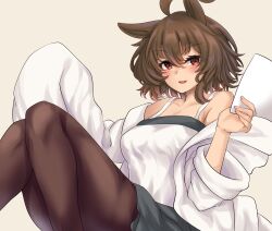 1girl absurdres agnes_tachyon_(umamusume) ahoge animal_ears black_skirt blush breasts brown_eyes brown_hair brown_pantyhose coat commentary_request feet_out_of_frame grey_background hair_between_eyes highres hisagi_(hisagi00) holding holding_paper horse_ears horse_girl looking_at_viewer medium_breasts medium_hair open_clothes open_coat open_mouth pantyhose paper simple_background skirt smile solo tank_top umamusume white_coat white_tank_top