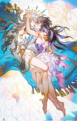 2girls aiguillette alternate_costume back_tattoo barefoot black_gloves black_hair blue_eyes bronya_rand butterfly_tattoo commentary corrupted_twitter_file crown earrings english_commentary floating_earrings gloves grey_eyes grey_hair halterneck hand_on_another&#039;s_head highres honkai:_star_rail honkai_(series) jewelry kiss kissing_hand long_hair making-of_available mie_xing multiple_girls parted_lips seele_(honkai:_star_rail) tattoo very_long_hair