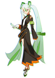 Rule 34 | 1girl, :/, armband, chinese commentary, closed mouth, clothing cutout, commentary request, creatures (company), fighting miku (project voltage), food, food-themed hair ornament, full body, game freak, gloves, gradient hair, green armband, green eyes, green hair, grey hair, hair ornament, hatsune miku, highres, holding, holding food, indai (3330425), long hair, long sleeves, looking at viewer, multicolored hair, necktie, nintendo, orange hair, pokemon, project voltage, safety pin, shoulder cutout, solo, spring onion, spring onion hair ornament, standing, streaked hair, twintails, very long hair, vocaloid, white gloves, white necktie