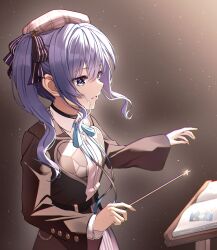 1girl aqua_ribbon belt beret black_belt black_choker black_ribbon blue_eyes blue_hair blurry brown_background brown_hat brown_jacket brown_skirt choker collared_shirt commentary_request conductor conductor_baton cowboy_shot cuckoo_ki depth_of_field eyelashes from_side hair_between_eyes hair_ornament hair_ribbon hands_up hat highres holding_baton hololive hoshimachi_suisei jacket light_particles long_hair long_ribbon long_sleeves looking_down neck_ribbon open_clothes open_jacket parted_lips plaid_clothes plaid_hat ribbon shirt sidelocks simple_background skirt smile solo star_(symbol) star_hair_ornament twintails virtual_youtuber wavy_hair white_shirt wide_sleeves