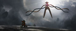 1other absurdres asteroid_ill backlighting cloud cloudy_sky deoxys deoxys_(normal) floating gen_3_pokemon grass hat highres kneeling legendary_pokemon mythical_pokemon nintendo pokemon pokemon_(creature) rock sky zigzagoon