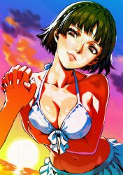 1girl 1other absurdres arm_under_breasts bare_shoulders bikini bikini_skirt black_hair blunt_bangs braid breasts brown_hair cleavage closed_mouth cloud cloudy_sky collarbone crown_braid front-tie_bikini_top front-tie_top halterneck highres horizon interlocked_fingers lips looking_at_viewer medium_breasts mixed-language_commentary multicolored_sky navel niijima_makoto ocean oeilvert_fft outdoors persona persona_5 persona_5_the_royal pink_lips pov pov_hands red_eyes short_hair sky stomach sun sunset swimsuit upper_body white_bikini