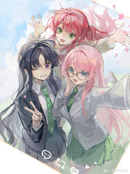 Rule 34 | 3girls, absurdres, ahoge, awa subaru, bang dream!, bang dream! it&#039;s mygo!!!!!, black hair, black jacket, blue eyes, bocchi the rock!, brown shirt, chihaya anon, commentary, crossover, diagonal-striped clothes, diagonal-striped necktie, genre connection, girls band cry, glasses, green eyes, green necktie, green skirt, grey jacket, grey skirt, hair ribbon, hand in pocket, hand on own cheek, hand on own face, haneoka school uniform, highres, jacket, kita ikuyo, long hair, long sleeves, multiple girls, necktie, one eye closed, one side up, open clothes, open jacket, open mouth, parted bangs, pink hair, pleated skirt, purple eyes, red hair, ribbon, school uniform, shirt, shuka high school uniform, sidelocks, skirt, striped clothes, symbol-only commentary, teeth, upper teeth only, v, white ribbon, yezhi dun luobei