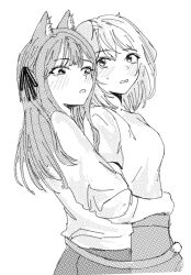 Rule 34 | 2girls, animal ears, bang dream!, bang dream! it&#039;s mygo!!!!!, blush, cat ears, cat girl, cat tail, commentary request, dog ears, dog girl, dog tail, greyscale, hair ribbon, highres, hug, hug from behind, long sleeves, misumi uika, monochrome, multiple girls, parted lips, ribbon, sweatdrop, tail, tail around another&#039;s waist, togawa sakiko, two side up, uikays, yuri