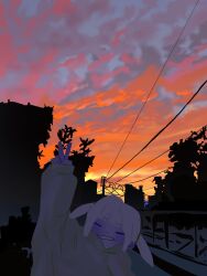 1girl arm_up blunt_bangs blush closed_eyes cloud cloudy_sky facing_viewer foliage gradient_sky grin highres hood hood_down hoodie long_sleeves medium_hair orange_sky original outdoors overhead_line railing sky smile solo sunset twintails umiseazzz v white_hair yellow_hoodie