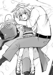 Rule 34 | ..., 1boy, 1girl, arm around waist, bandage on face, bandaged leg, bandages, belt, black nails, blood, blood on back, blood on clothes, blue archive, blunt bangs, collared shirt, gauze, gauze on cheek, halo, japanese clothes, kimono, long hair, monochrome, nail polish, obi, on ground, open mouth, sandals, sash, sensei (blue archive), shirt, shuro (blue archive), sideless kimono, sideless outfit, simple background, takoyakiking7, tears, toenail polish, toenails